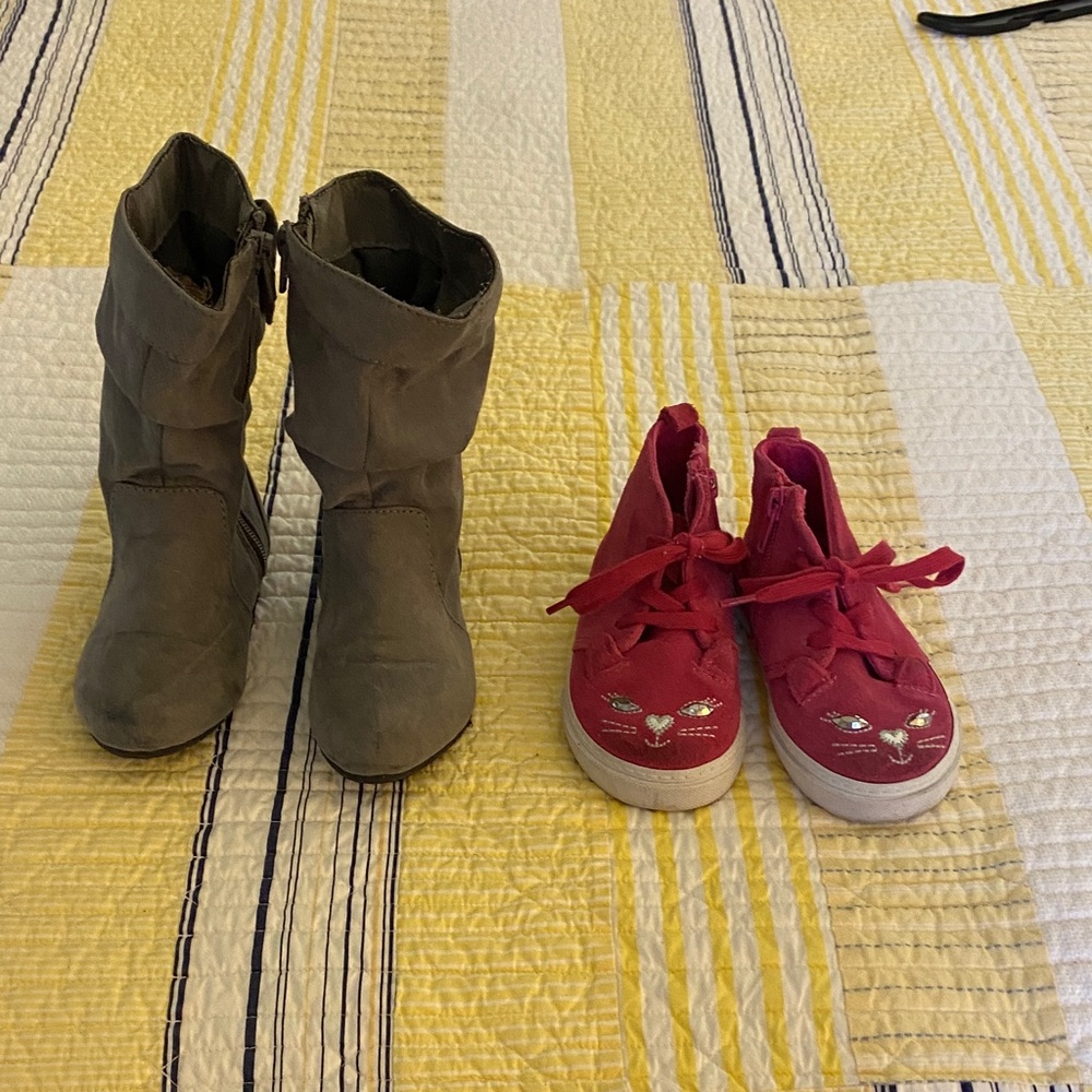 Girls Jumping Beans gray/khaki boots. Size 8. Pink GAP cat face shoes. Size 8